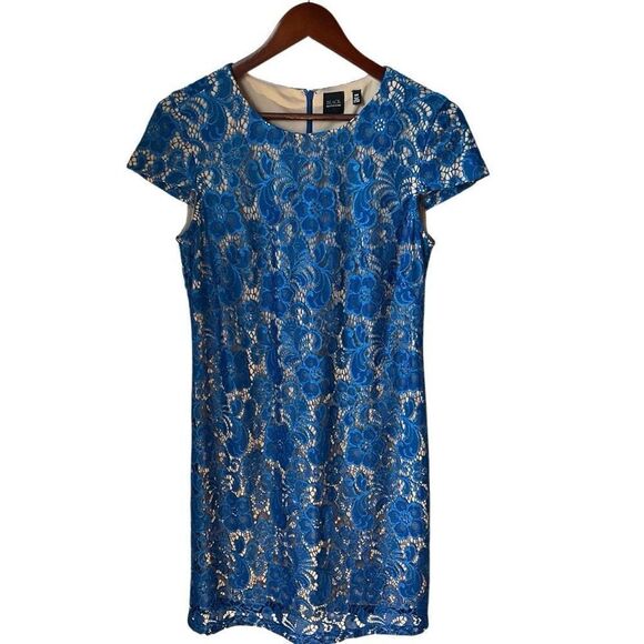 Black Saks Fifth Avenue Royal Blue Lace Overlay Dress, Medium. Elegant! - Picture 13 of 16